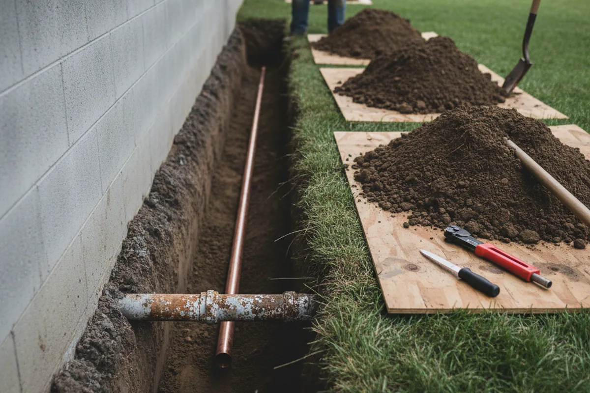 Excavated water line trench during Water Heater Repair in Urbandale